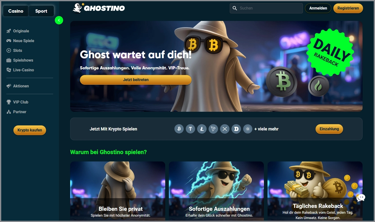 Kompakte Übersicht der Hauptkategorien von Ghostino